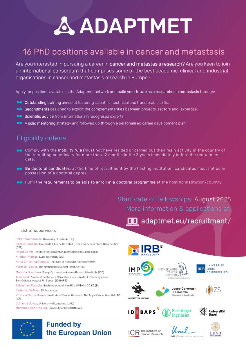 Adapmet is an amazing consortium working on cancer and metastasis and offers PhD positions. If you want to perform a PhD in these topics (either in academia or industry), please apply for these positions through the website interface before January 9th. Please forward the post!