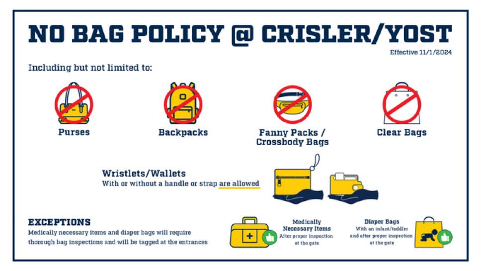 Important information for fans coming this Friday for our exhibition meet - we now have a no bag policy at Crisler Center. 

More info: myumi.ch/RmXDW

#GoBlue 〽️