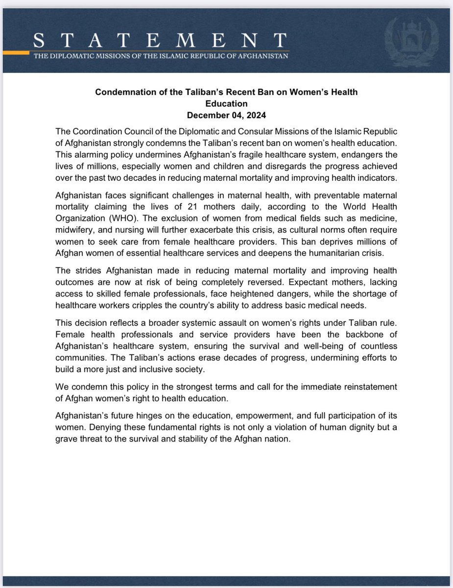 AfghanistanInPL's tweet photo. Statement of the Coordination Council of the Diplomatic and Consular Missions of the I.R  of Afghanistan on “Condemnation of the Taliban’s Recent Ban on Women’s Health Education” https://t.co/qvcRFN7XVG