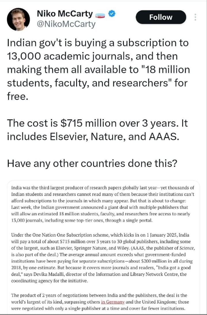 dpkpillay12's tweet image. India sets the pace, the world follows! Revolutionizing education with #OneNationOneSubscription, India's innovative spirit inspires global transformation! #IndiaLeads  #KnowledgeForAll #OneNationOneSubscription will democratize access to knowledge no rich or poor urban or rural