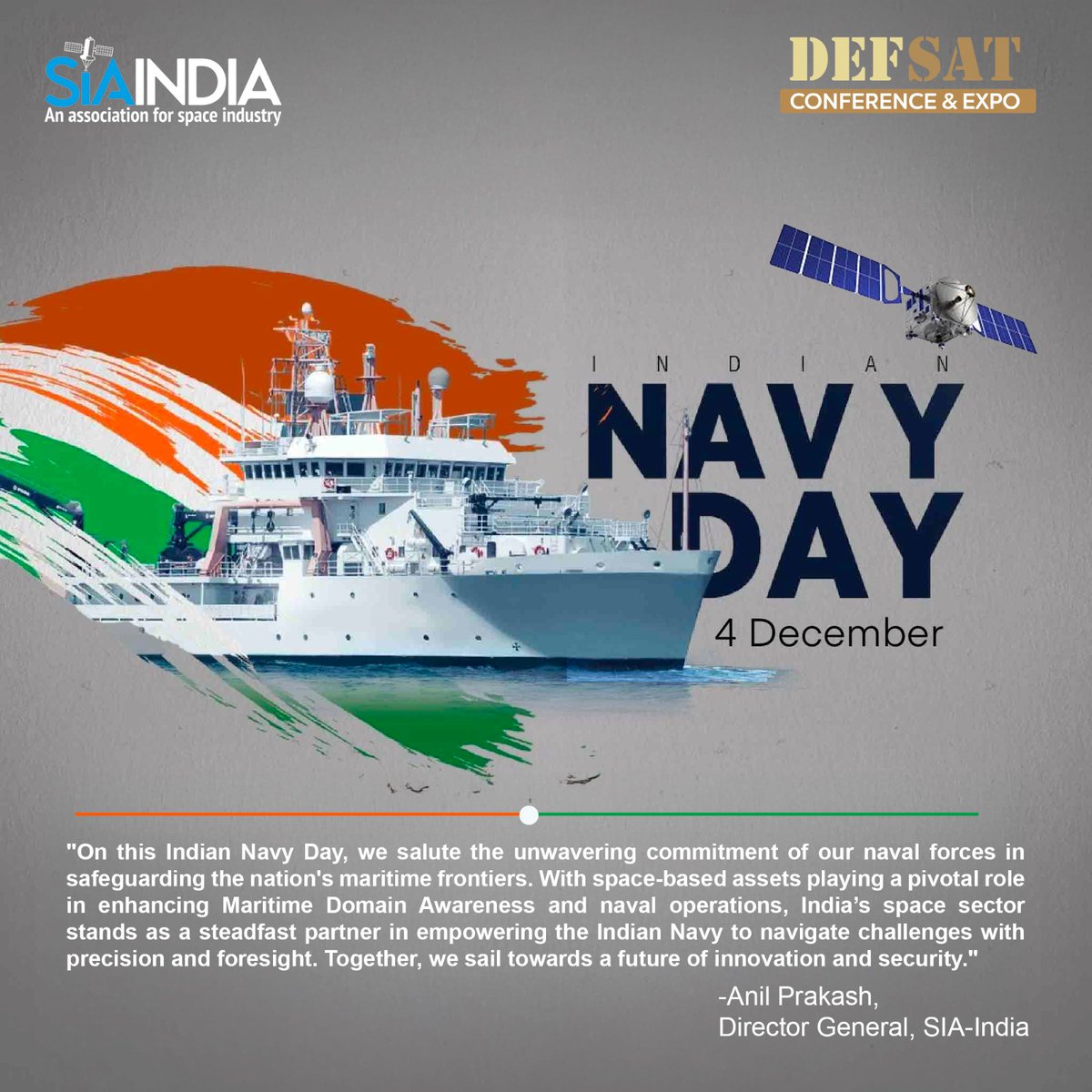 Honoring the Indian Navy's valor this #IndianNavyDay 🌊🚀. Explore the role of space in maritime security at #DefSatConference (Jan 8-10, 2025, New Delhi). Theme: Integrated Space for Multi-Domain Ops. Register now:defsatindia.com/registration-2…