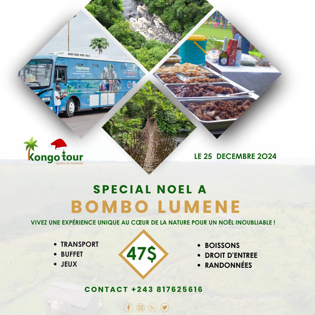 🌟 Noël à Bombo Lumene, une expérience magique vous attend ! 🎄

Vivez un moment unique au cœur de la nature ce 25 décembre 2024 avec Kongo Tour :
✨ Transport inclus
✨ Buffet gourmand
✨ Jeux, boissons et randonnées
Le tout pour seulement 47$ !
🎯 Réservez vite votre place au