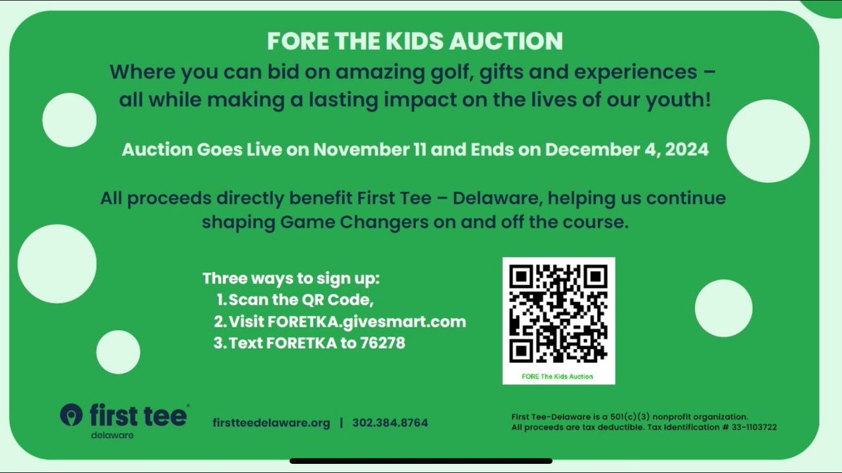 Last day for the online auction. All proceeds go towards supporting the <a href="/TheFirstTeeDE/">FirstTeeDelaware</a>