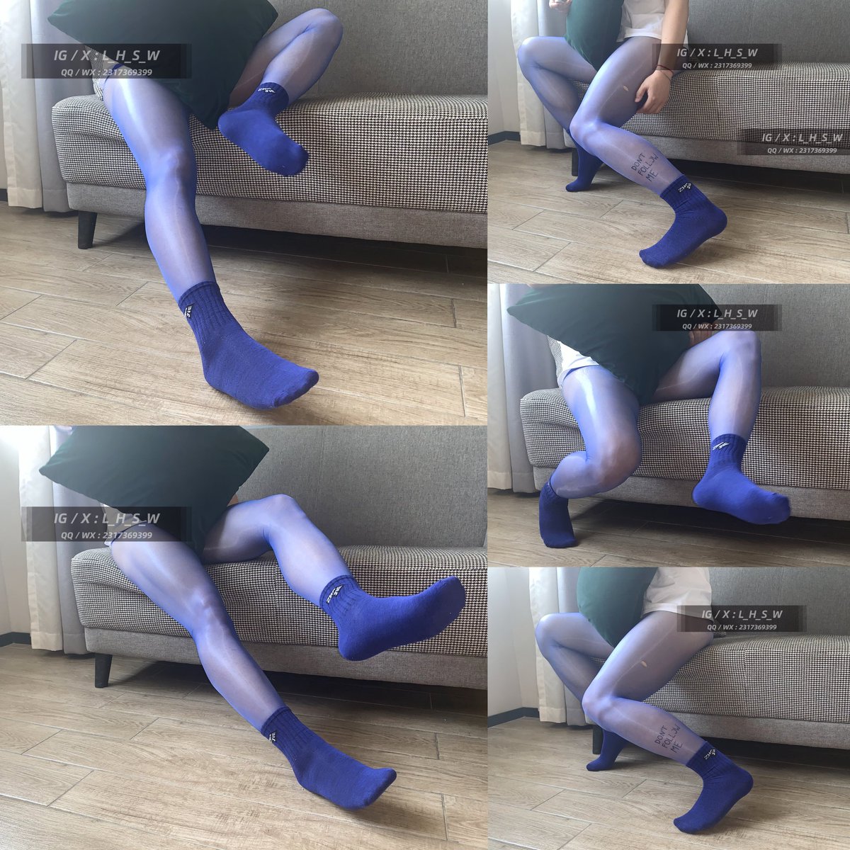 【Part.2】How do you like the look of a pair of glossy blue pantyhose with matching blue cotton socks on your hotel couch?