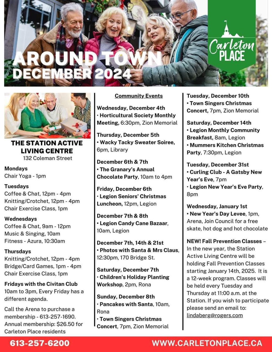 Good morning Carleton Place. 

In lieu of a photo today, I present you with the community events listing for December. Each month town staff compile a list of activities for both seniors and the community at large. 

There’s always something happening in CP!

Have a great day.