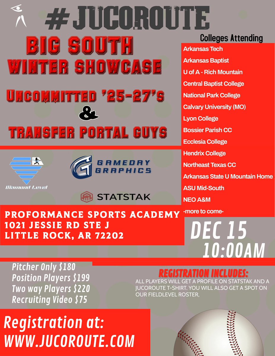 #JucoRoute (@jucoroute) on Twitter photo ❗️DATE CHANGE❗️
UNCOMMITTED HS PLAYERS
AND
TRANSFER PORTAL GUYS
RECRUITING SHOWCASE
📍Little Rock AR
🏟️ <a href="/ProformanceLR/">Proformance Sports</a>
📆December 15
🎬 Recruiting Video Available
Register 🎟️ 👉 JucoRoute.com
<a href="/GamedayLLC/">GameDay Graphics LLC</a> | <a href="/DiamondLevelBSB/">Abel Lopez</a> ❗️DATE CHANGE❗️
UNCOMMITTED HS PLAYERS
AND
TRANSFER PORTAL GUYS
RECRUITING SHOWCASE
📍Little Rock AR
🏟️ <a href="/ProformanceLR/">Proformance Sports</a>
📆December 15
🎬 Recruiting Video Available
Register 🎟️ 👉 JucoRoute.com
<a href="/GamedayLLC/">GameDay Graphics LLC</a> | <a href="/DiamondLevelBSB/">Abel Lopez</a>