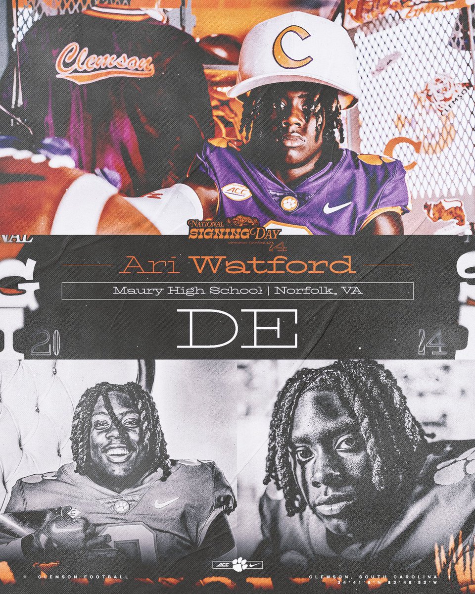 ClemsonFB's tweet image. BIG addition in the trenches! Welcome to the family, @ari_watford! #ALLIN 🐅