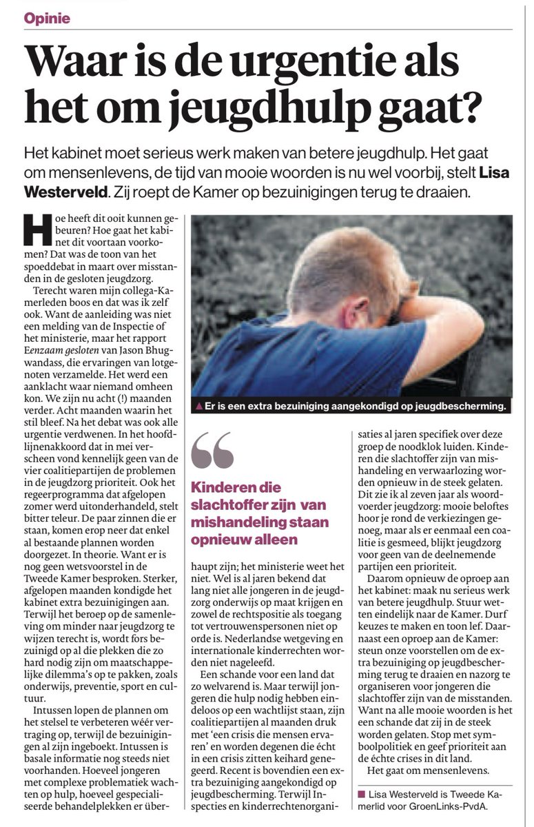 Ook bij de huidige coalitie mis ik urgentie om jongeren in problemen écht te helpen.

Mooie woorden, geen daden. En ook flink bezuinigen op preventie, onderwijs, sport en cultuur.

Mijn oproep in <a href="/ADnl/">AD.nl</a>: geef prioriteit aan deze crisis. Het gaat om levens.

ad.nl/opinie/opinie-…