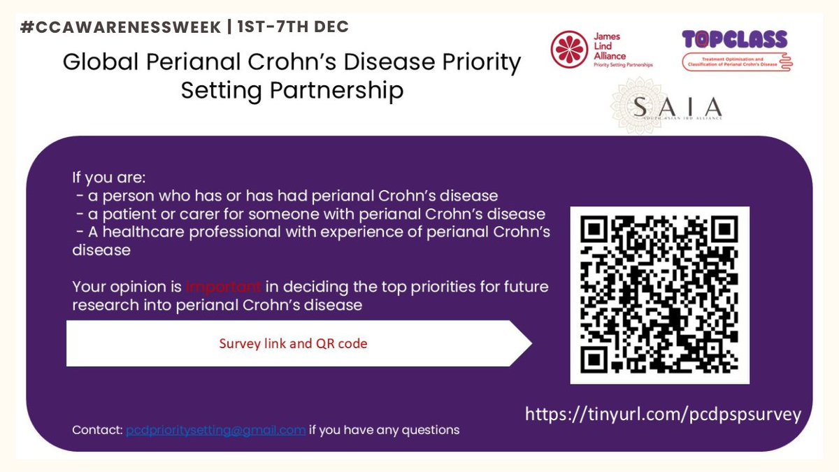 saia_gi's tweet image. Day 4 #CCAwarenessWeek

Calling all patients, caregivers &amp;amp; HCPs managing perianal Crohn&apos;s. We would like to hear from you!

SAIA is partnering with the James Lind Alliance and TOpCLASS Consortium to understand your views on the most important research questions re perianal…