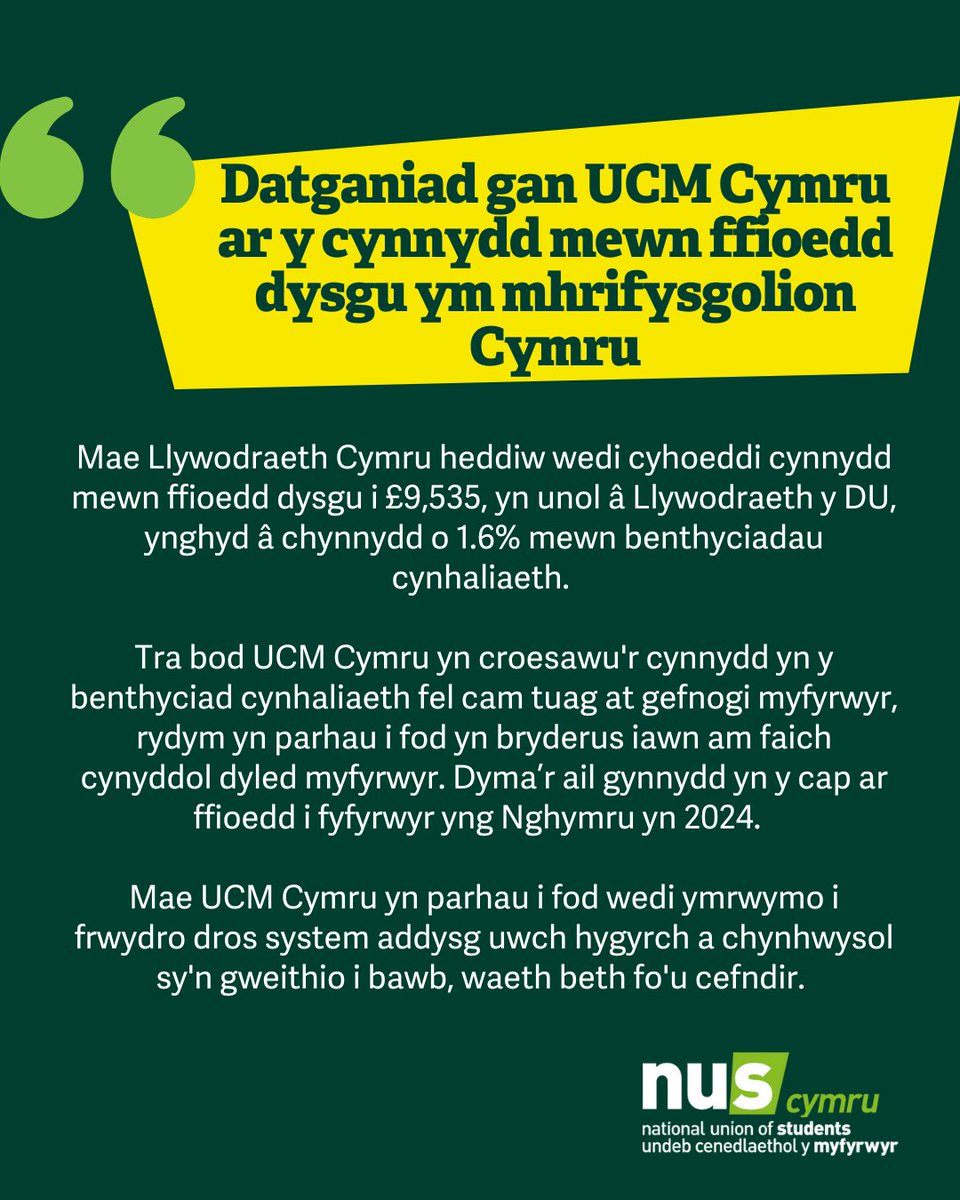 NUSWales's tweet photo. Datganiad gan UCM Cymru ar y cynnydd mewn ffioedd dysgu ym mhrifysgolion Cymru🎓 https://t.co/ge3Uf14Z3q