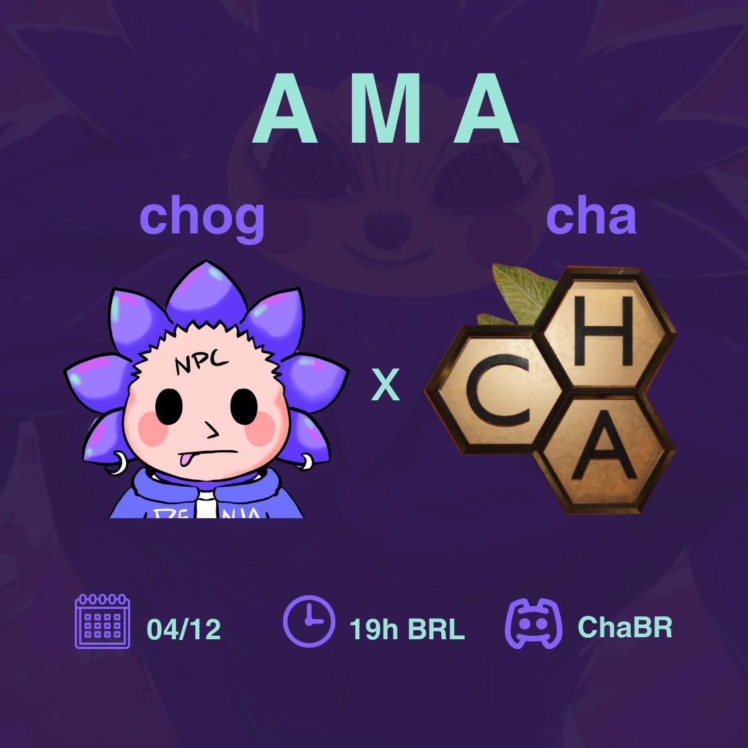 Faaala galera!!!  

🚨 Hoje teremos um AMA com o <a href="/1stBenjaNAD/">Benja</a> para falar sobre seu projeto <a href="/chog_xyz/">Chog</a> no Discord da
<a href="/CHAcademyBR/">Crypto Hodlers Academy</a> 

Bora ficar por dentro do ecossistema da Monad! 

🕐  Já coloca o alarme, é hoje às 19:00.     

📌discord.gg/chabr