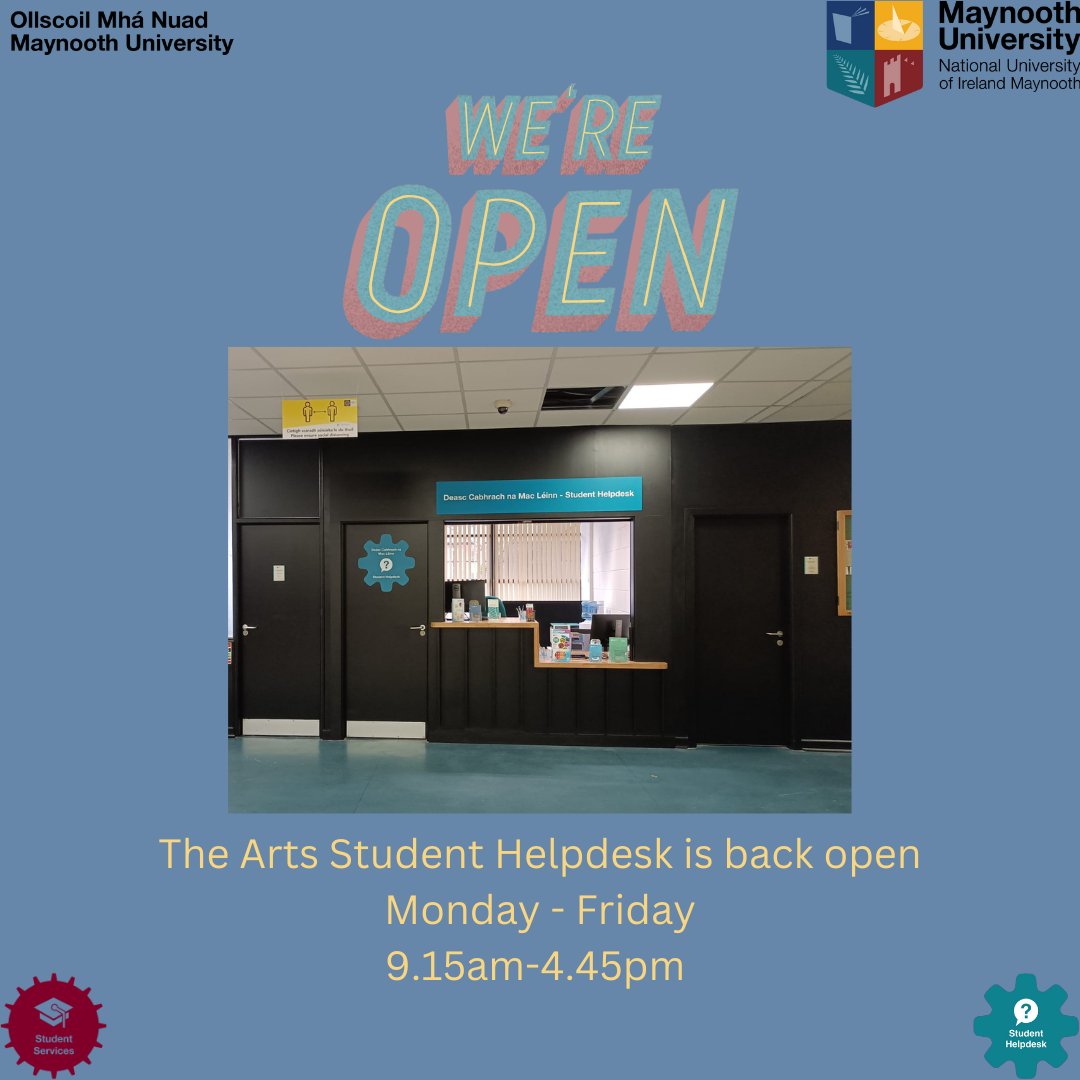 MU Student Services (@mu_studentserv) on Twitter photo WE ARE BACK :) The Student Helpdesk in the Arts Building is back open. We are delighted to be back and are here to answer any questions if you want to drop by. Just a reminder we also have our TSI Student Helpdesk open too. <a href="/library_MU/">Maynooth University Library</a> <a href="/MaynoothUni/">Maynooth University</a> WE ARE BACK :) The Student Helpdesk in the Arts Building is back open. We are delighted to be back and are here to answer any questions if you want to drop by. Just a reminder we also have our TSI Student Helpdesk open too. <a href="/library_MU/">Maynooth University Library</a> <a href="/MaynoothUni/">Maynooth University</a>