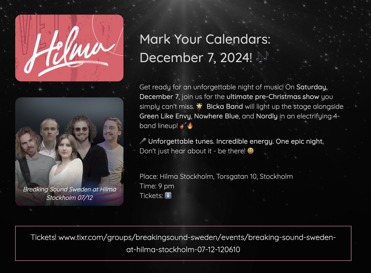 BickaBand's tweet photo. The top tip of the day❤️ 
B there; December 7.
Hilma Stockholm, Torsgatan 10.
9 pm.
Tickets https://t.co/eIuLYRLECk https://t.co/JLfHAle6Xg