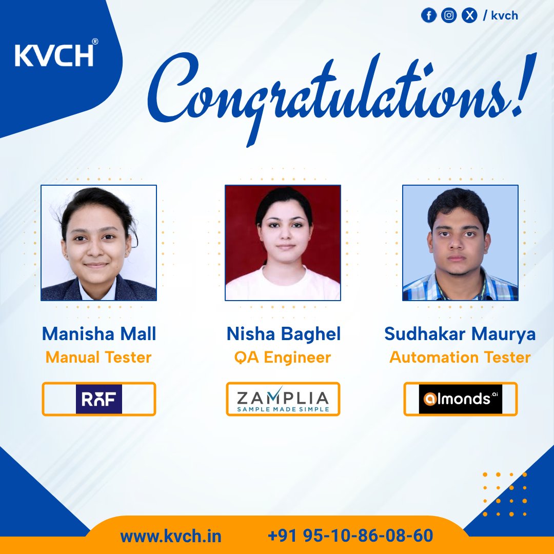 kvchnoida's tweet photo. Congratulations to Our Students on Their Amazing Placements in Manual Testing, QA Full Stack, and Automation Testing! 🎉

#KVCH #ManualTesting #AutomationTesting #QAFullStack #TestingJobs #CareerInTesting #SoftwareTesting #TestingCareers #PlacedStudents #CareerSuccess #Delhi https://t.co/oAIPLpAvOe