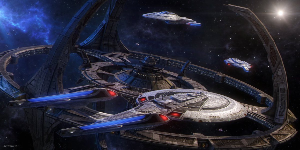 To get the day off right, enjoy this new render by our friend JetFreak!   USS Enterprise-E and USS Voyager meet at Deep Space Nine!