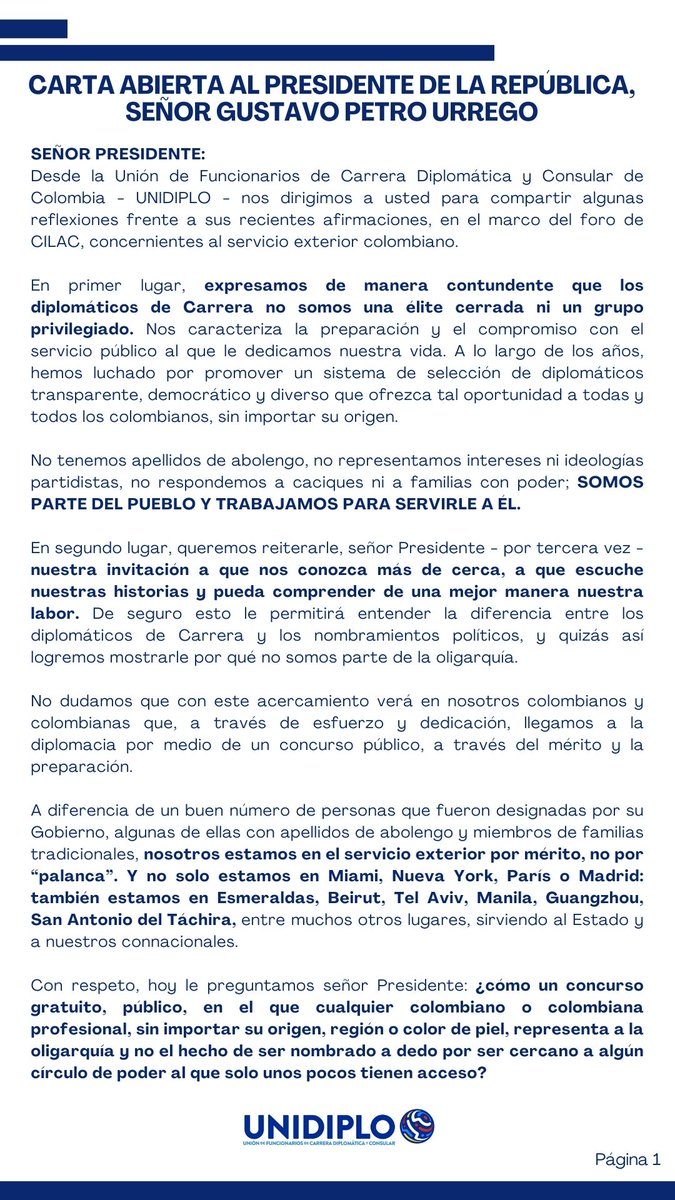 unidiplo's tweet photo. Carta abierta al señor presidente de la República @petrogustavo #ComunicadoUNIDIPLO https://t.co/rOcu60udUl