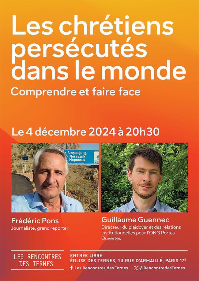La prochaine rencontre des Ternes avec Frédéric Pons et Guillaume Guennec, c’est ce soir à 20h30.

« Les chrétiens persécutés dans le monde. Comprendre et faire face. »

Entrée libre. Venez nombreux !