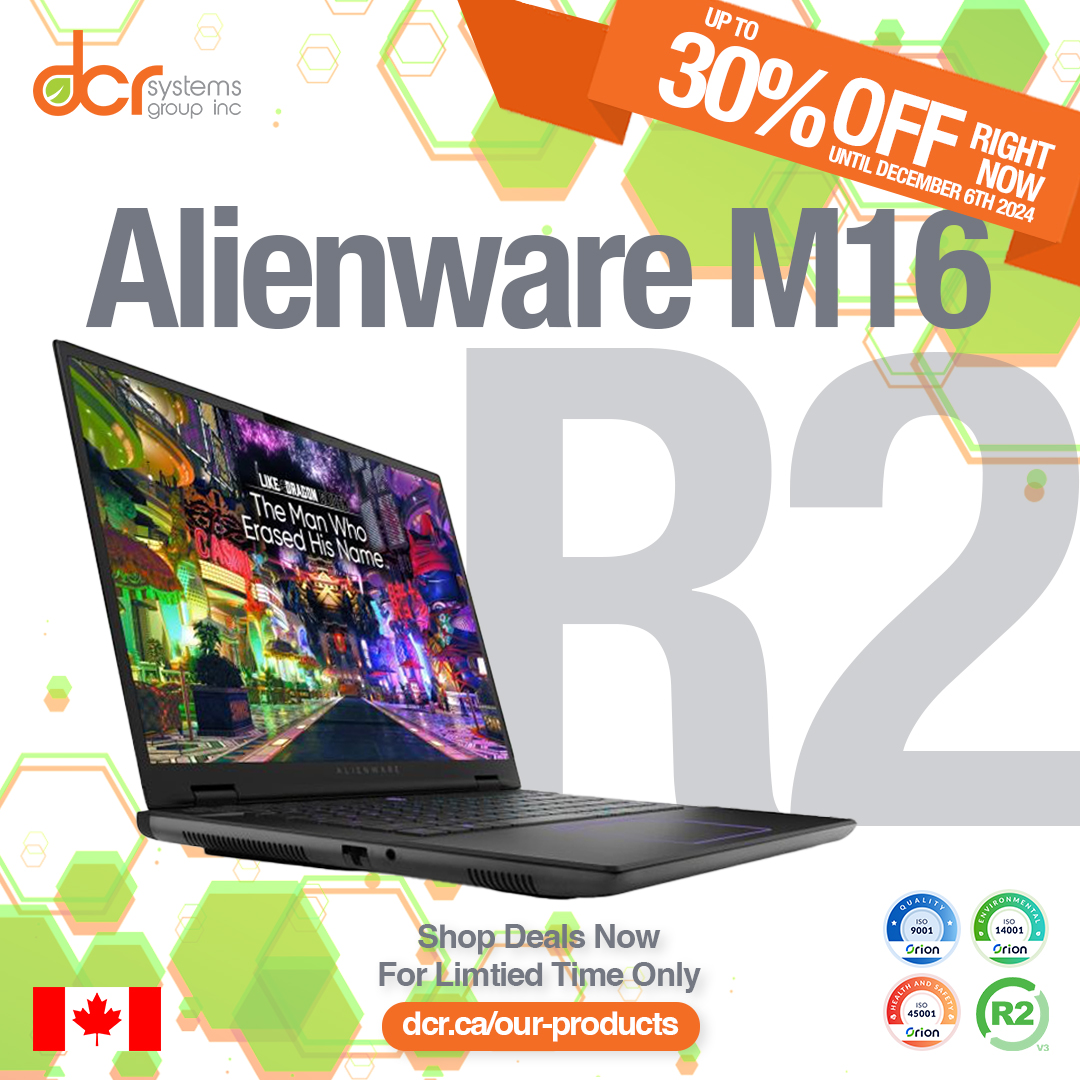 DCRSystemsGroup's tweet image. Save up to 30% OFF the Alienware M16 R2 RIGHT NOW at DCR! This powerhouse gaming laptop has an Intel Core Ultra 7, 1TB NVME and 16GB RAM! Get immersive visuals with its beautiful display and NVIDIA graphics. Shop today at dcr.ca/our-products/ and get free shipping in Canada!