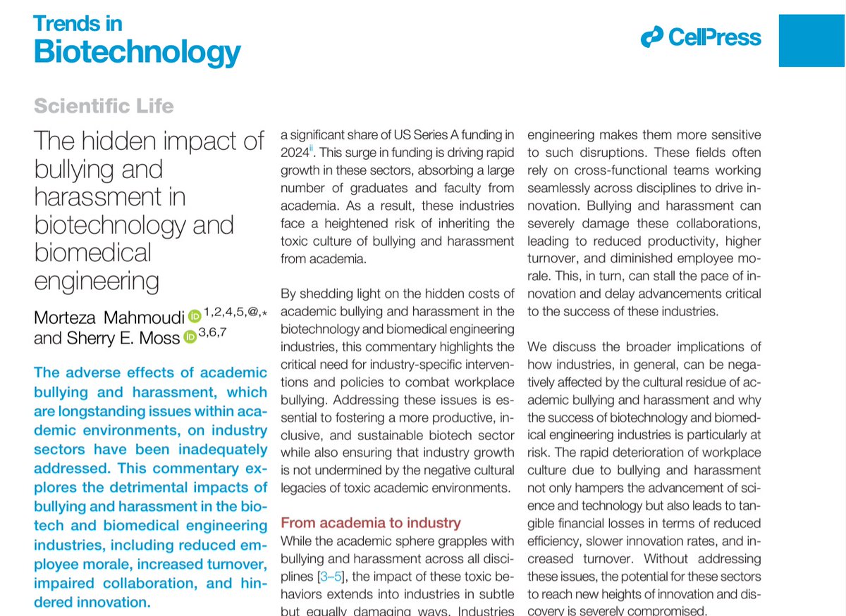 Morteza Mahmoudi, PhD (@morimahmoudi) on Twitter photo The #hidden impact of #bullying and #harassment in #biotechnology and biomedical engineering: cell.com/trends/biotechā¦
<a href="/TrendsinBiotech/">Trends in Biotechnology</a> <a href="/MSUMD/">MSU College of Human Medicine</a> #industry The #hidden impact of #bullying and #harassment in #biotechnology and biomedical engineering: cell.com/trends/biotechā¦
<a href="/TrendsinBiotech/">Trends in Biotechnology</a> <a href="/MSUMD/">MSU College of Human Medicine</a> #industry