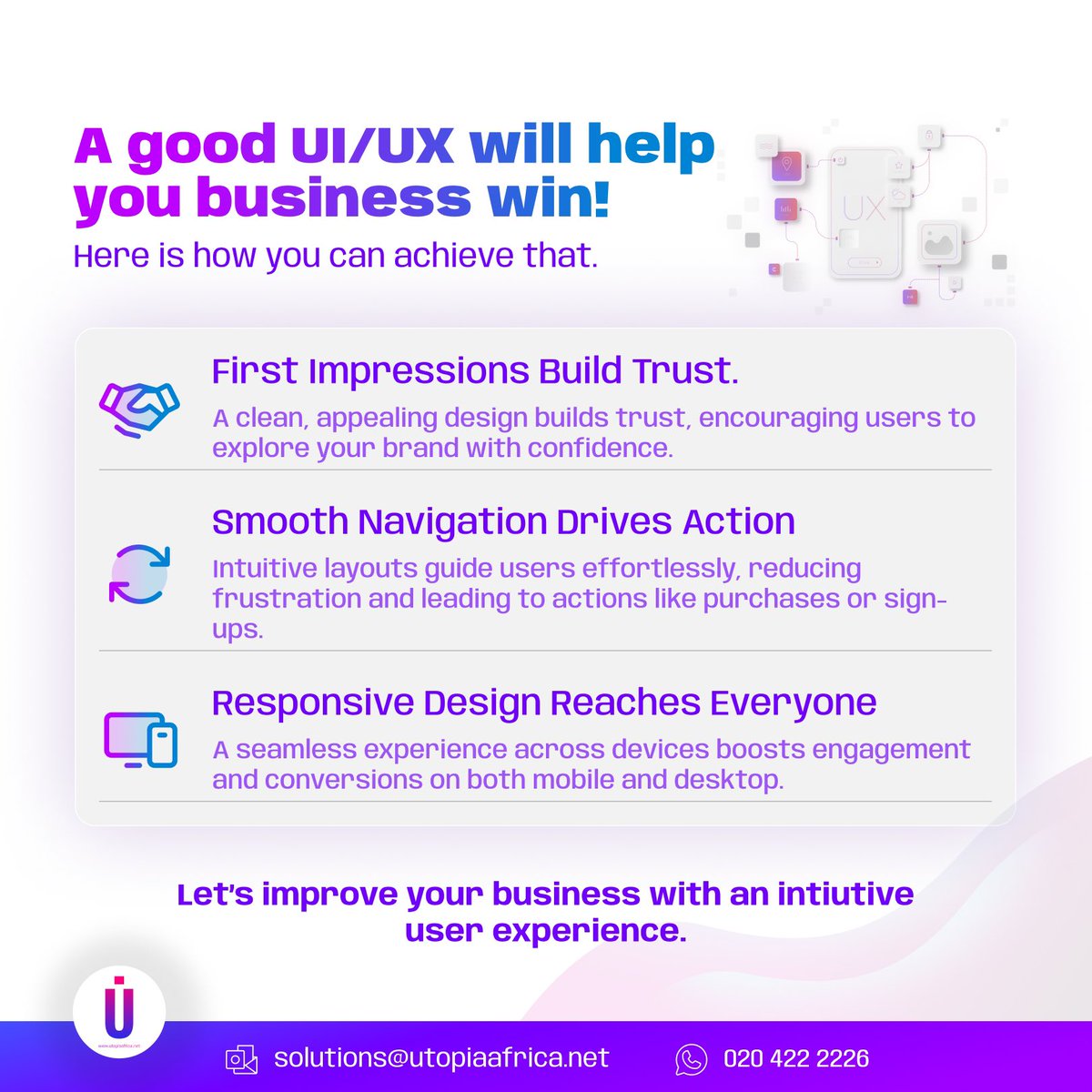 utopiatech__'s tweet photo. Elevate your business with great UI/UX! ✨ Build trust, drive action, and reach everyone with an intuitive user experience. Let's make your vision a reality! 💡 
#UIUXDesign #BusinessSuccess #UserExperience https://t.co/7Vh6JoR69m