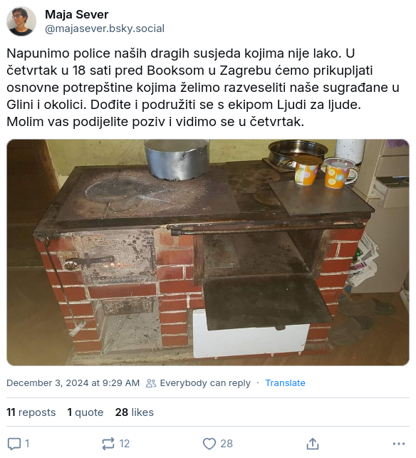 Lijepa gesta Maje Sever. U 2 dana na Bsky prikupila je 28 sviđanja i čak 11 dijeljenja. Šteta što je ciljana publika ostala ovdje na X pa ne vide. A oni koji je prate na novoj mreži nisu vični davanju nego uzimanju.