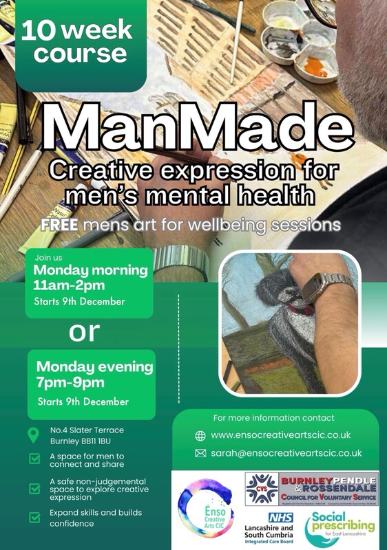 BPRCVS's tweet image. 🎨 Menmade – Free Arts Sessions for Men’s Mental Health! 🎨

Join in for creative wellbeing sessions starting 9th December.

🕚 Monday Morning: 11am - 2pm
🌙 Monday Evening: 7pm - 9pm
📍 No. 4 Slater Terrace, Burnley.

More info: ensocreativeartscic.co.uk

#Menmade