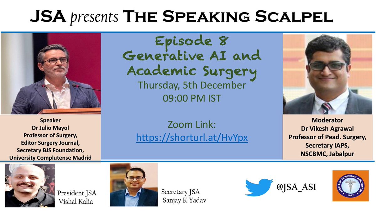 Unlock the Future of Surgery! 🚀

Join for a thought-provoking discussion on "Generative AI and Academic Surgery" 

🗓️ Thursday, 5th December  
⏰  9:00 PM IST  
🎤 Dr. Julio Mayol  
  - Prof of Surgery  
  - Editor, Surgery Journal  
  - Secretary, BJS Academy 
#MedTwitter