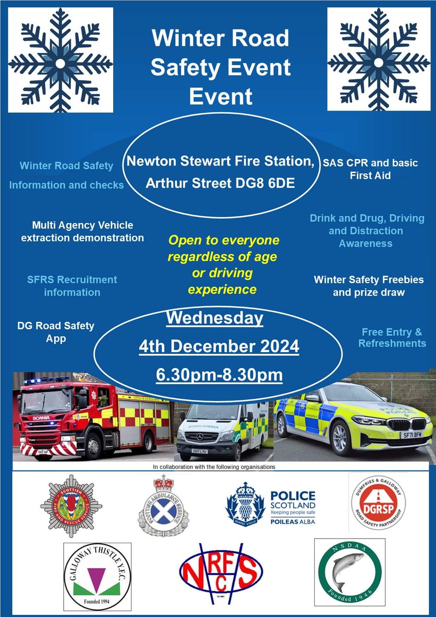 DGRoadSafetyPartnership (@dg_rsp) on Twitter photo If you are in the Newton Stewart area tonight why not pop along for some Winter Safety advice - for all ages and stages!
<a href="/PSOSDandG/">Police Scotland Dumfries & Galloway</a>
<a href="/scotfire_DG/">SFRS Dumfries & Galloway</a>
<a href="/DGNHS/">NHS DG</a>
<a href="/Scotambservice/">Scottish Ambulance</a> If you are in the Newton Stewart area tonight why not pop along for some Winter Safety advice - for all ages and stages!
<a href="/PSOSDandG/">Police Scotland Dumfries & Galloway</a>
<a href="/scotfire_DG/">SFRS Dumfries & Galloway</a>
<a href="/DGNHS/">NHS DG</a>
<a href="/Scotambservice/">Scottish Ambulance</a>