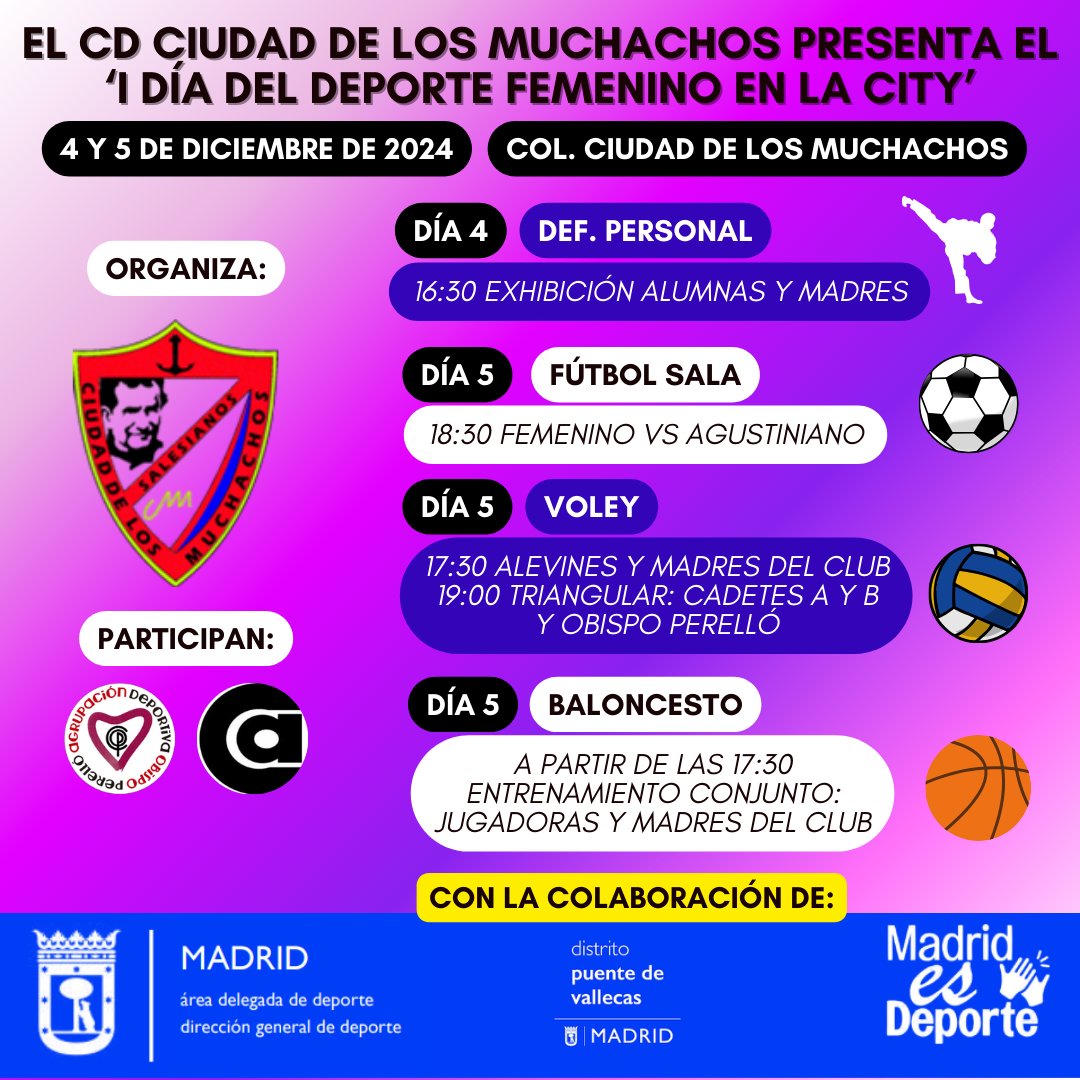 Llega la 1ª edición del 'Día del Deporte Femenino en la City'.

Seguimos con nuestra apuesta para fomentar que todas las niñas hagan deporte, sea el que sea, y acercar el deporte a todos. 

Aquí te dejamos el planning para que no te pierdas nada. ¡Te esperamos!

#123Ciudad