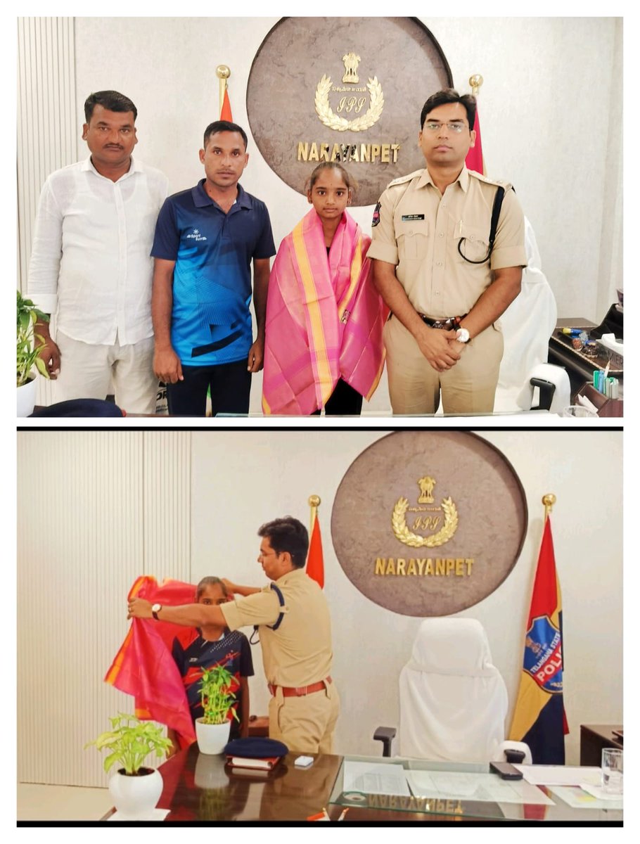 SPNARAYANPET's tweet photo. #K_Lavanya, a student of 7th grade at Gundumal ZPHS School, was felicitated and felicitated with a shawl by #Dist_SP_YogeshGoutam_IPS for participating in the #state-level_volleyball competitions in Chegunta, Medak and getting selected for the #National_level. https://t.co/0dyKMsq2EY