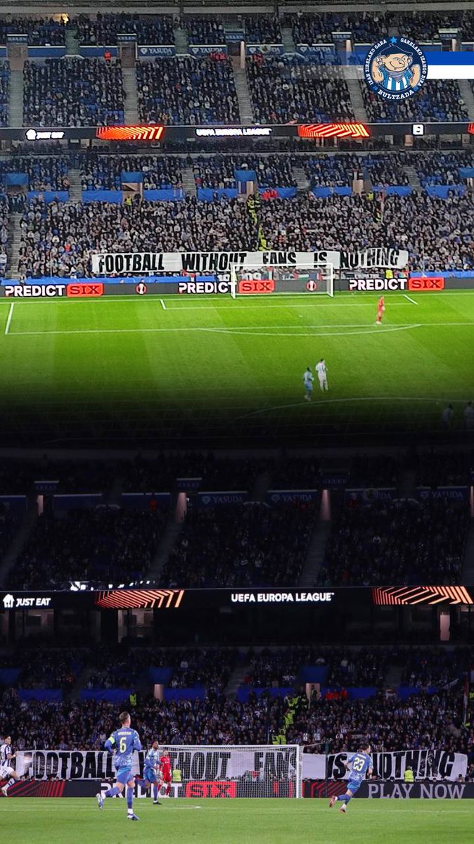 Joan den astean oso argi adierazi genuen zalerik gabeko futbola ez dela futbola. Justifikaezina da klubak Ajaxen jarraitzaileak sarrerarik gabe uzteko egin zuen saiakera.

Zaleon eskubideen zapalketarik ez!
FOOTBALL WITHOUT FANS IS NOTHING