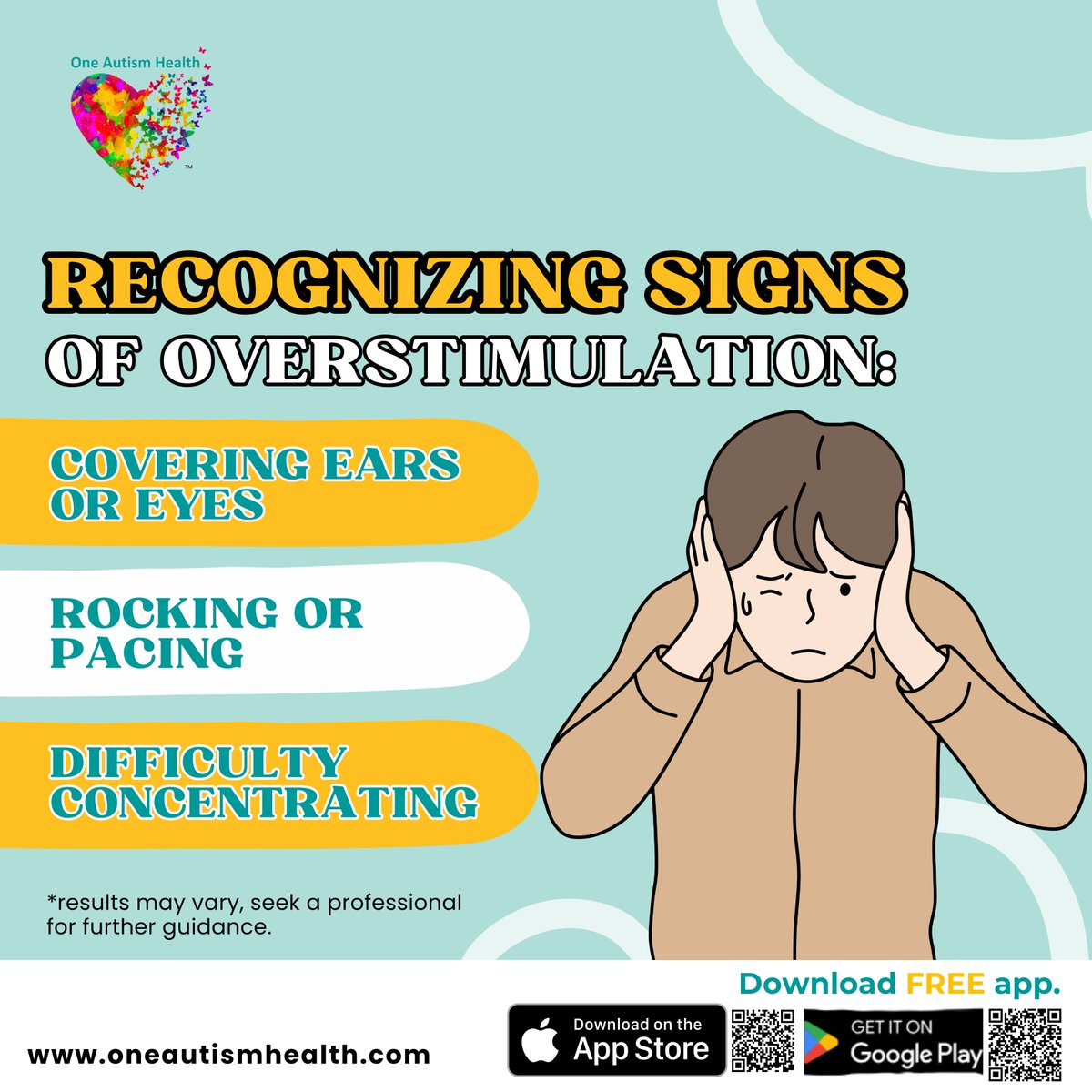 oneautismhealth's tweet image. Recognizing signs of overstimulation is crucial in providing support and creating a calming environment. 

#Overstimulation #SensoryOverload #AutismAwareness #Neurodiversity #MentalHealthAwareness #SensorySensitivity #AutismSupport #InclusiveEnvironment #SensoryFriendly