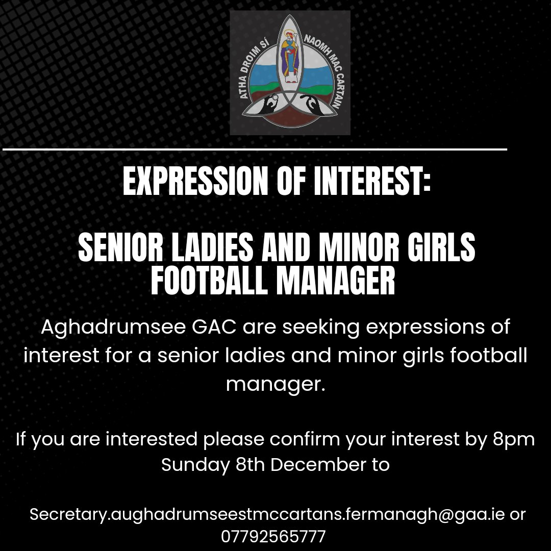 Expression of interest for senior ladies and minor girls football manager
Get all the latest news on the Aghadrumsee GAC club app member.clubspot.app/club/aghadrums…