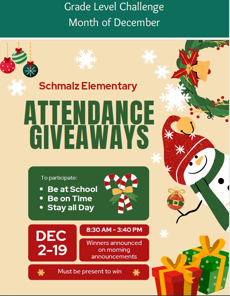 🎉 Attendance Giveaway Alert! 🎉

Hey Schmalz Sharks! 🦈 Did you know just showing up can win you cool prizes? It's easy: ✅ Go to school ✅ Be on time ✅ Stay all day