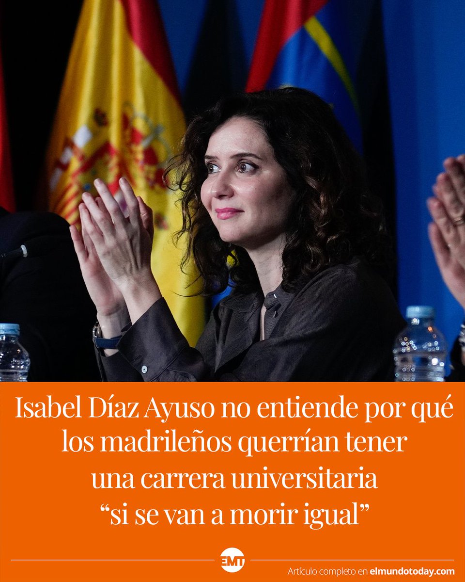 elmundotoday's tweet photo. Isabel Díaz Ayuso no entiende por qué los madrileños querrían tener una carrera universitaria “si se van a morir igual” 

 https://t.co/IQdHiGc6qS https://t.co/pZzqJYtFjX