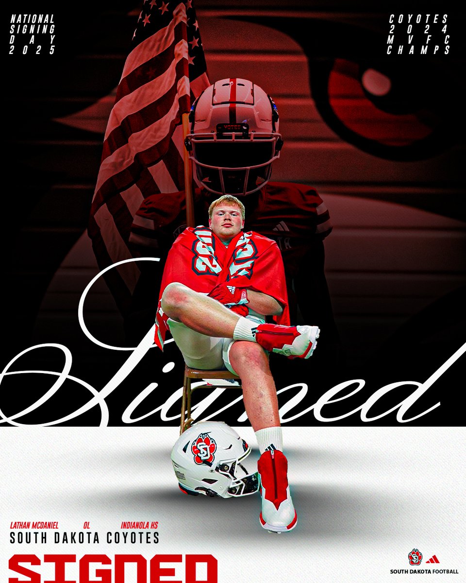 SDCoyotesFB's tweet photo. 𝐒𝐈𝐆𝐍𝐄𝐃 🖊️

𝐋𝐚𝐭𝐡𝐚𝐧 𝐌𝐜𝐃𝐚𝐧𝐢𝐞𝐥 (OL, Iowa)

Welcome to Coyote Nation!

#GoYotes x #WeAreSouthDakota https://t.co/UXerkWIj7f