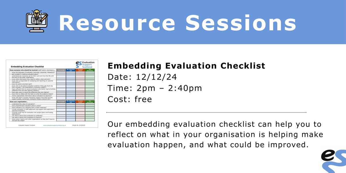 🚨Reminder 🚨

Our next Resource Session is next week!

This session offers a quick introduction to our Embedding Evaluation Checklist, and tips on how you could use it in your organisation. 💡

Sign-up here➡️evaluationsupportscotland.org.uk/events/resourc…