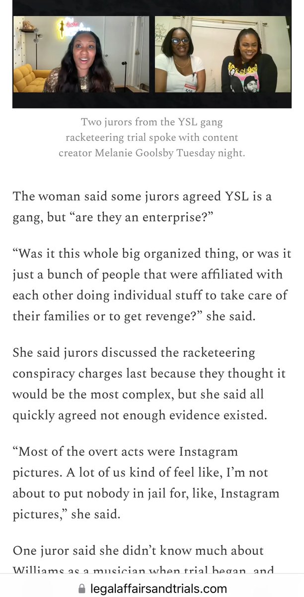 YSL juror on the RICO charge:

“Most of the overt acts were Instagram pictures. A lot of us kind of feel like, I’m not about to put nobody in jail for, like, Instagram pictures.”

legalaffairsandtrials.com/p/jury-acquits…
