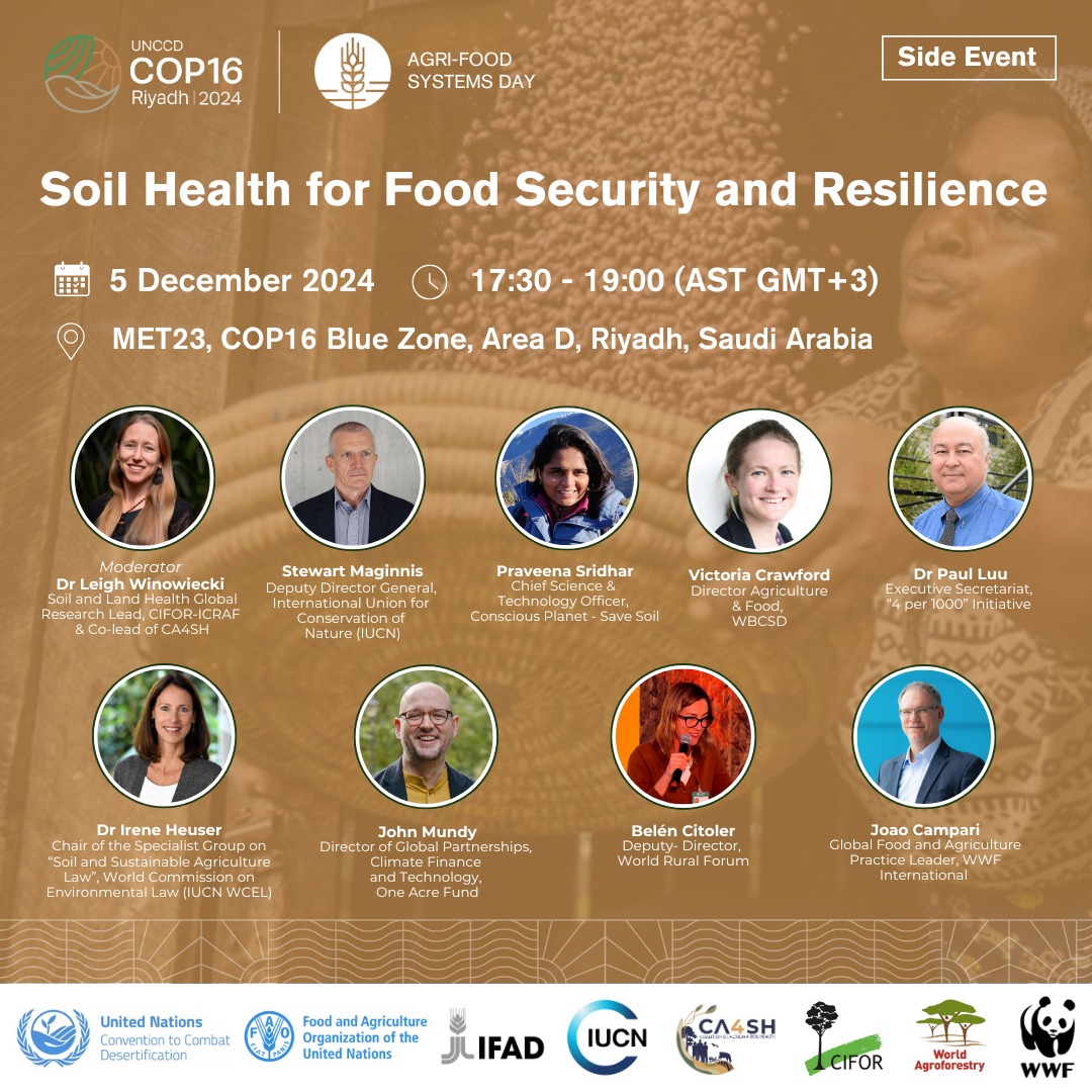 cpsavesoil's tweet image. 🌍 Tomorrow, a significant discussion is set to take place at #COP16 Riyadh:

&quot;Soil Health for Food Security and Resilience&quot;

📅 December 5 | 🕔 17:30 - 19:00 AST GMT+3
📍 MET23, Blue Zone, Area D

🌱 Speakers Lineup:

Dr Leigh Winowiecki (@CIFOR_ICRAF  &amp;amp; @ca4sh_global)
Stewart…