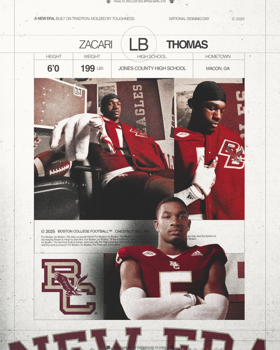 BCFootball's tweet photo. A tackling machine. 

Welcome home, @thomas_zacari 

#NewEra x #EarnIt https://t.co/EfWfzjXuzz