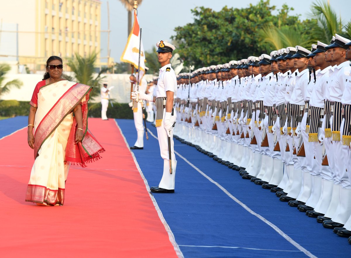 rashtrapatibhvn's tweet photo. President Droupadi Murmu attended the Navy Day celebration and witnessed the Operational Demonstration conducted by the Indian Navy at Puri Beach, Odisha. The President said that the seamless integration of advanced technology, tactical acumen and sheer courage on display in the Operational Demonstration aptly showcase the evolution of our Navy into a combat-ready, future-ready and credible force.