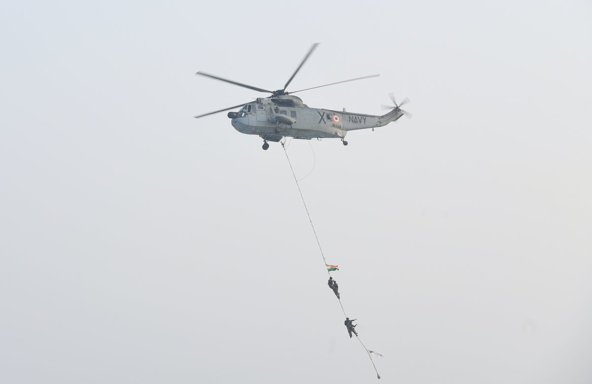 rashtrapatibhvn's tweet photo. President Droupadi Murmu attended the Navy Day celebration and witnessed the Operational Demonstration conducted by the Indian Navy at Puri Beach, Odisha. The President said that the seamless integration of advanced technology, tactical acumen and sheer courage on display in the Operational Demonstration aptly showcase the evolution of our Navy into a combat-ready, future-ready and credible force.