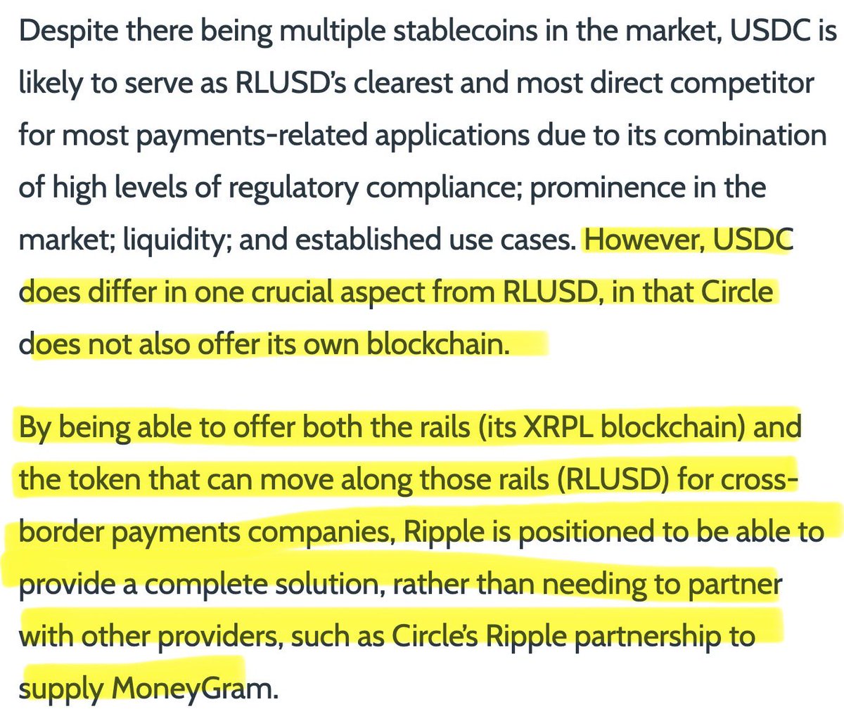Remember, RLUSD will be the superior stablecoin compared to USDC because RLUSD offers its own rails (XRPL) and the coin (RLUSD) to move value on those rails for cross border payments.😏💨🎯