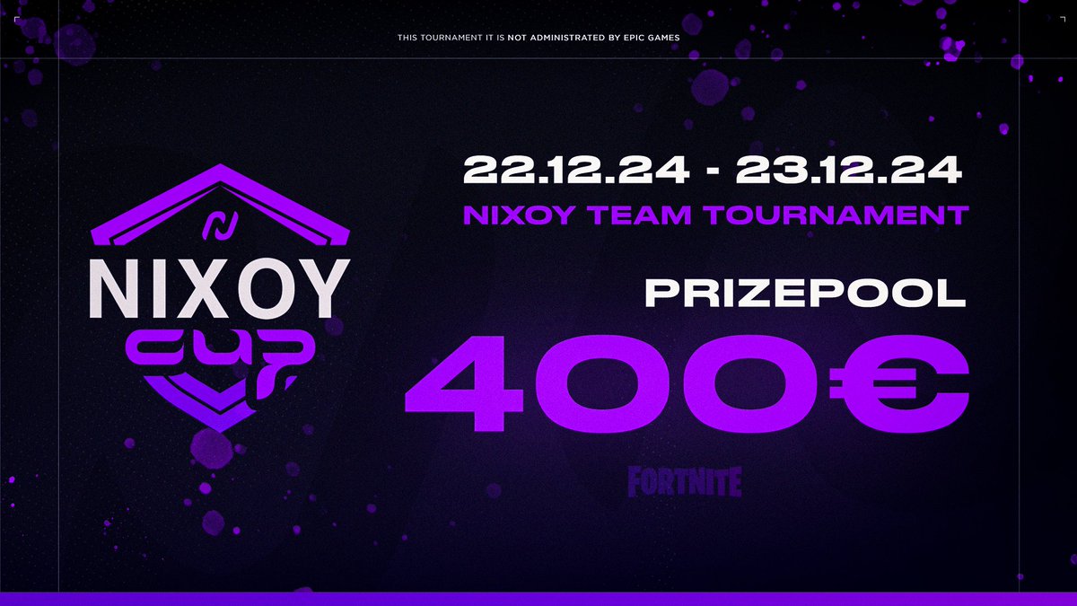 🏆 NIXOY CUP - Team Tournament 🏆
🔥 22-23 Dicembre 2024
💸 Prizepool: 400€
🗨️  4v4 ESL HARDPOINT
Preparati a sfidare i migliori team! 🎮 Mostra il tuo talento e conquista la gloria. Non perdere l’occasione di partecipare a uno dei tornei più emozionanti dell’anno!

📅 Segnati