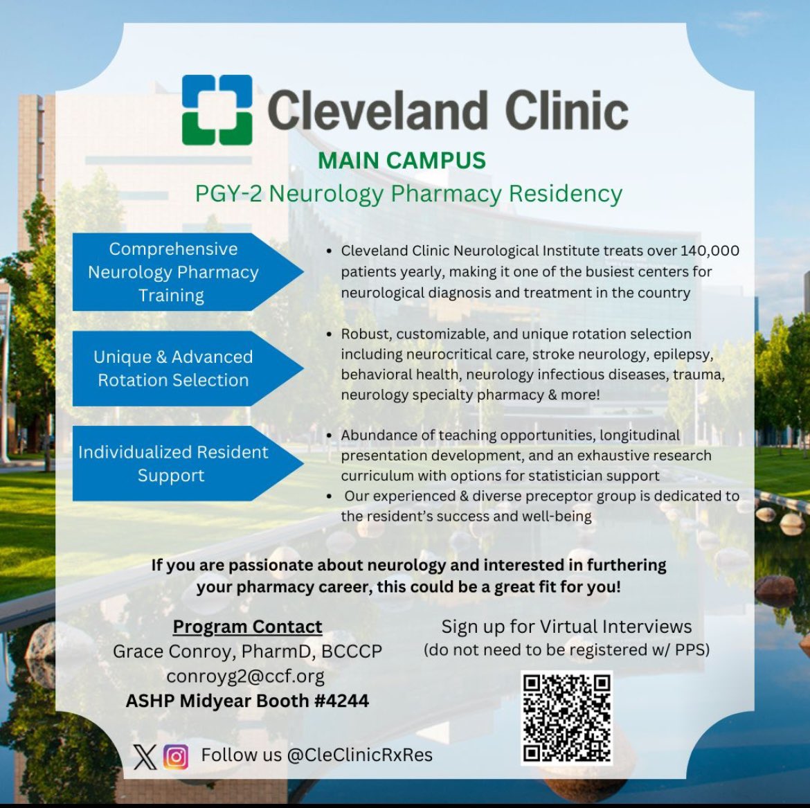 Cleveland Clinic Pharmacy Residency Programs (@cleclinicrxres) on Twitter photo Looking to join our newest residency program and be a part in 1 of only 3 PGY2 Neurology programs in the country?! Sign up to meet virtually with our RPD, <a href="/gracemariephar1/">Grace Conroy, PharmD</a> and stop by our booth on Monday afternoon at the ASHP Residency Showcase to learn more! #Neurology #PGY2 Looking to join our newest residency program and be a part in 1 of only 3 PGY2 Neurology programs in the country?! Sign up to meet virtually with our RPD, <a href="/gracemariephar1/">Grace Conroy, PharmD</a> and stop by our booth on Monday afternoon at the ASHP Residency Showcase to learn more! #Neurology #PGY2