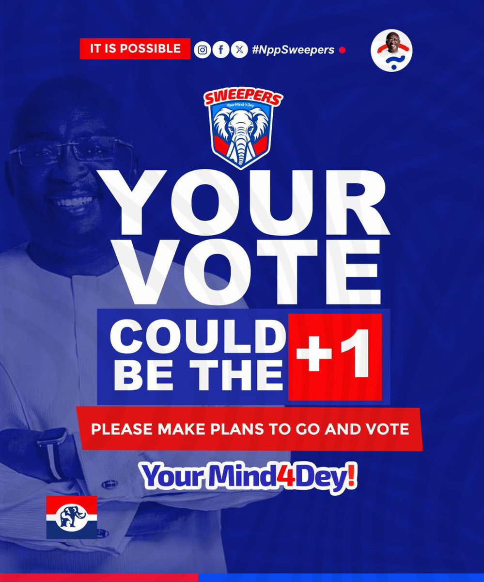 nppsweepers's tweet photo. We entreat all and sundry to make it a point to exercise your civic responsibility of voting in the upcoming election.
The Sweepers hereby encourage you to vote for Bold Solutions, Jobs and the message of Possibilities.
Vote for @MBawumia. 
IT IS POSSIBLE! 

#BawumiaForPresident https://t.co/bQfxdt6BVb