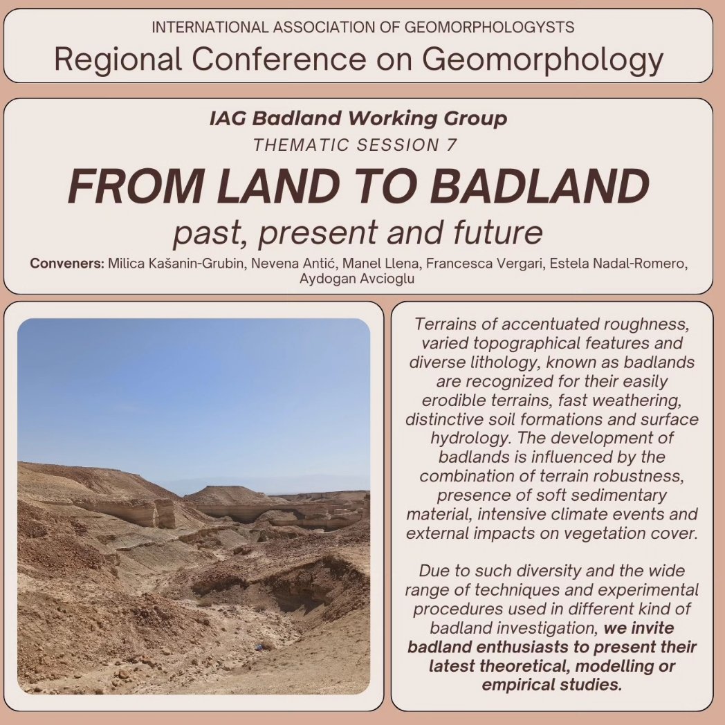 IAG Badlands Working Group (@iag_badlands) on Twitter photo "FROM LAND TO BADLANDS: PAST, PRESENT, AND FUTURE"
The abstract submission deadline is 31 January 2025. Visit the official conference website for more information: rcg2025.geomorphology.ro
<a href="/IAGAIG/">International Association of Geomorphologists</a> "FROM LAND TO BADLANDS: PAST, PRESENT, AND FUTURE"
The abstract submission deadline is 31 January 2025. Visit the official conference website for more information: rcg2025.geomorphology.ro
<a href="/IAGAIG/">International Association of Geomorphologists</a>