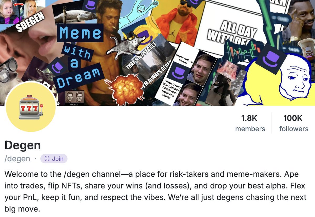 degentokenbase's tweet photo. Congrats Degens! 🎉 The /degen channel on @warpcast_ just hit 100k members—looks like we front-ran BTC to 100k!

Not on Warpcast yet? Join us here: https://t.co/P9W8jpeif6 https://t.co/FlTN6NBf9k