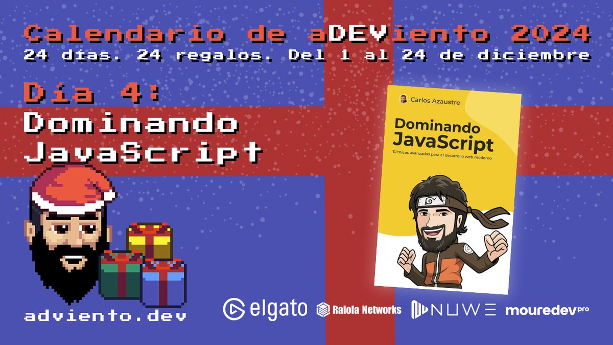 MoureDev's tweet image. 🎁 Comienza el día 4 del #aDEViento2024!
24 días. 24 regalos para aprender programación

🗓️ Regalo: Dominando JavaScript de @carlosazaustre 
🔁 Sígueme y comparte esta publicación para participar
🌐 Válido para todo el mundo

Toda la info en adviento.dev