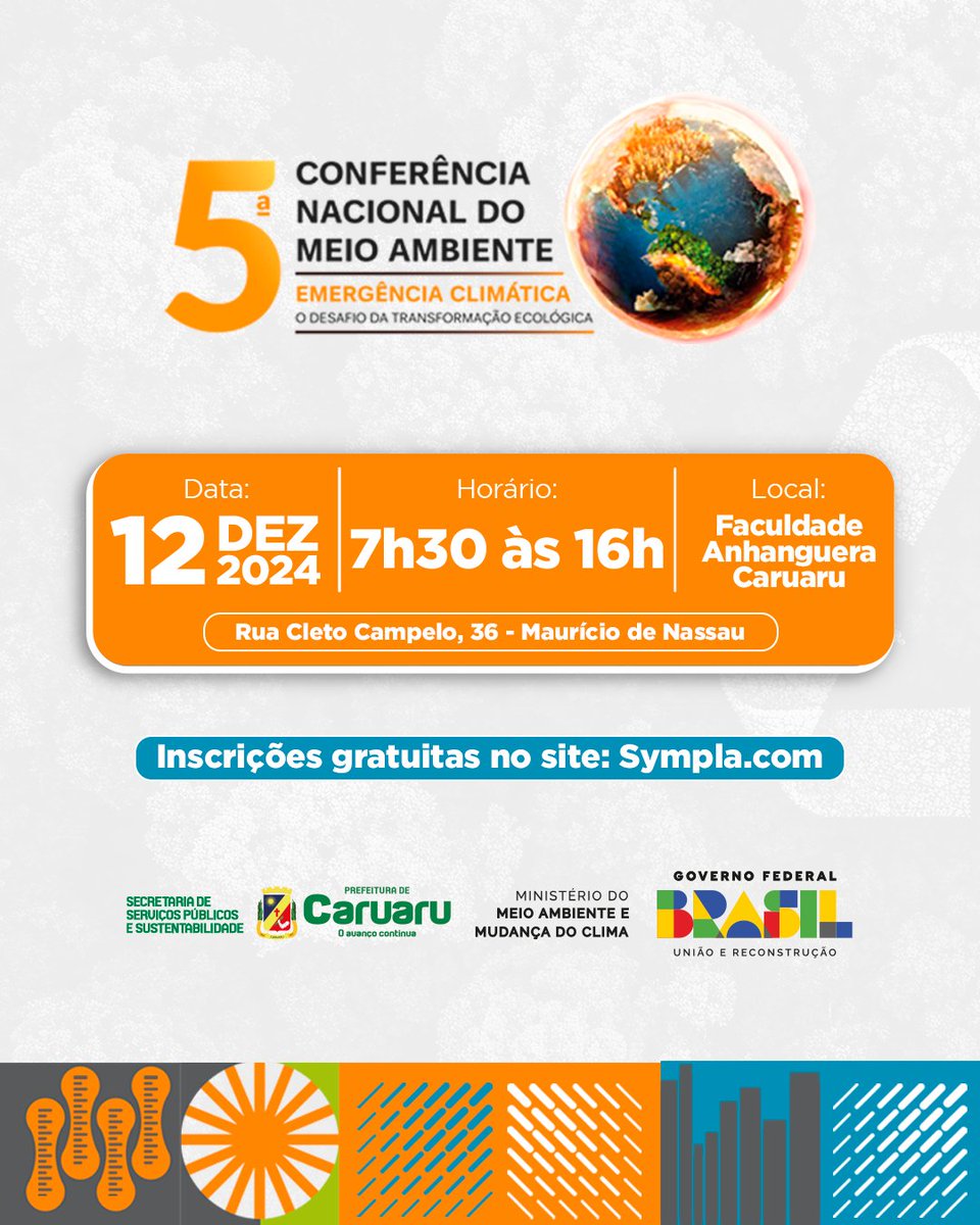 As inscrições são gratuitas, sendo realizadas de forma online pelo site: sympla.com.br/evento/5-confe… ou de forma presencial, no local do evento. 💚
